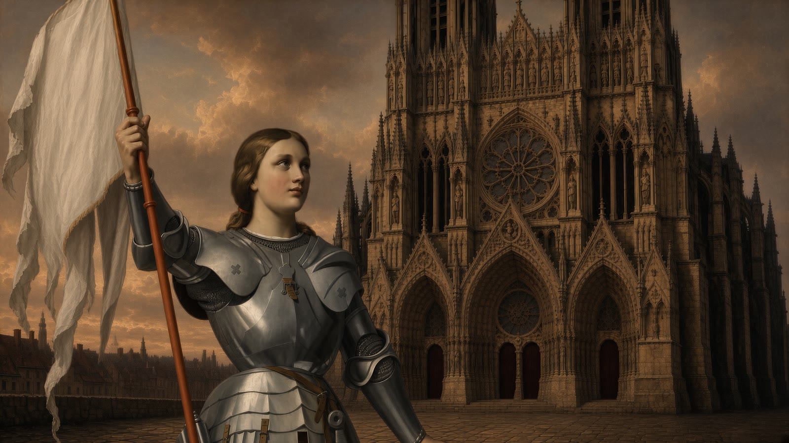 Joan of Arc as a young woman in plate armor, holding the lily standard before Reims Cathedral at dusk